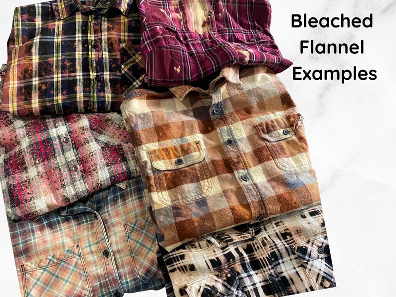 May include: A collection of five bleached flannel shirts in various plaid patterns, including black and white, brown and white, and red and white. The shirts are stacked on top of each other and the text "Bleached Flannel Examples" is written in black text at the top right of the image.