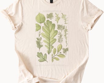 Camiseta con estampado botánico de hojas de naturaleza, ilustración de planta de dibujo de helecho de arce y roble, cuello redondo suave y natural, camiseta ecológica verde estampada