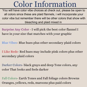 May include: Text explaining different color options for plaid flannel shirts. Options include Surprise Any Color, Blue Vibes, I Like Reds, Darker Colors, and Fall Colors. Each option describes the color palette used.