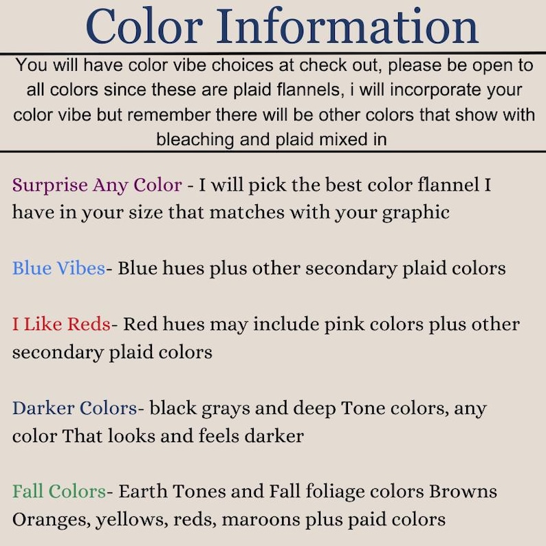 May include: Text explaining different color options for plaid flannel shirts. Options include Surprise Any Color, Blue Vibes, I Like Reds, Darker Colors, and Fall Colors. Each option describes the color palette used.