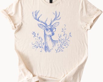 Deer With Glasses Graphic T Shirt Antler Animal Illustration Nature Wildlife Artsy Tee Gift for Animal Lovers