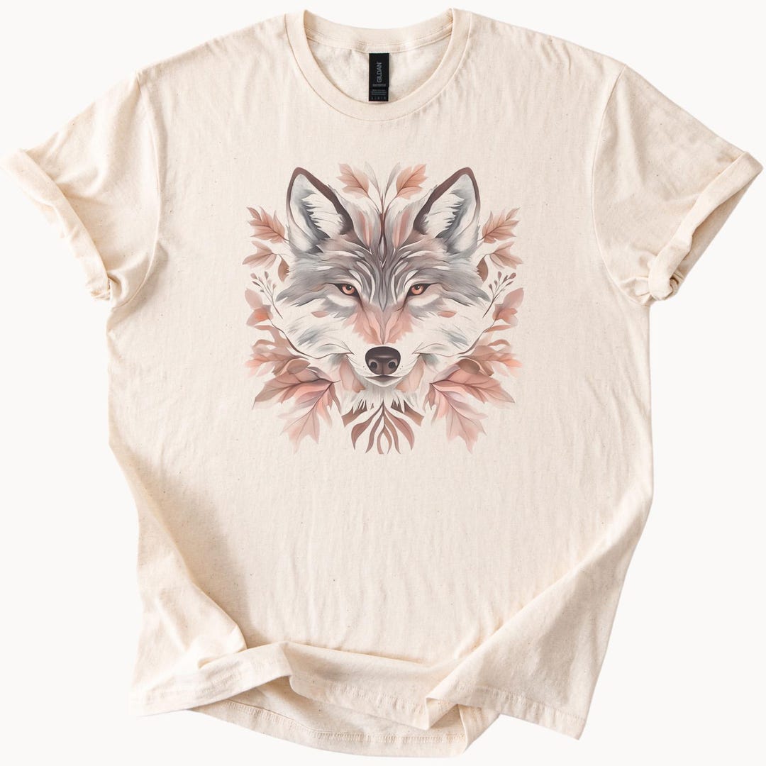 Wolf Graphic Nature Tee Neutral T Shirt Autumn Leaves Animal Art Soft ...