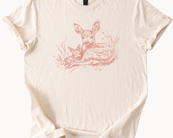 Doe and Fawn Graphic Tee Cute Deer Shirt Animal Lover Top Nature Inspired Clothing Soft Style TShirt