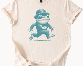 Camiseta con ilustración de rana elegante con traje y bombín, divertida camiseta de sapo con esmoquin de anfibio, camiseta de animal caprichoso