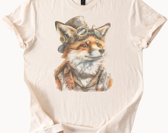 スチームパンクなフォックスグラフィックTシャツ、ゴーグルと帽子付き、レトロな動物のイラスト、ユニセックスシャツ、自然にインスパイアされたウッドランドアートTシャツ、ギフト