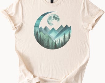 Mountain Moon Forest Graphic T Shirt Nature Landscape Tee Hiking Camping Adventure Outdoor Shirt Celestial Night Sky Art Apparel