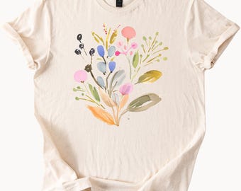 Watercolor Wildflower Bouquet Botanical Graphic T Shirt Pastel Floral Nature Tee Artistic Flowers Shirt Spring Fashion