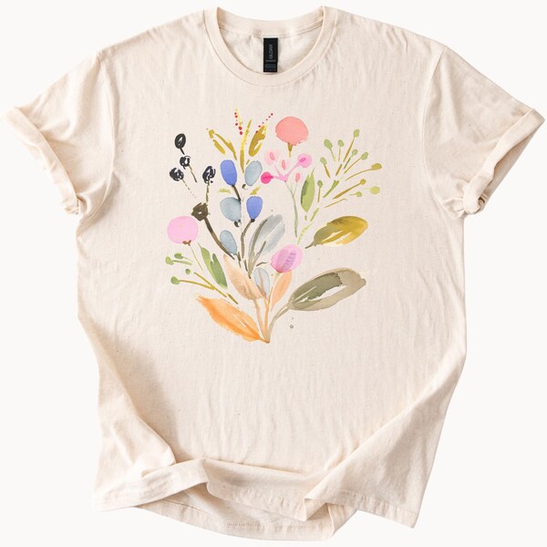 Watercolor Wildflower Bouquet Botanical Graphic T Shirt Pastel Floral Nature Tee Artistic Flowers Shirt Spring Fashion