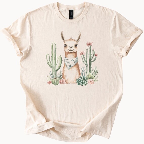 Camiseta feminina com estampa de cacto fofo e estampa de lhama