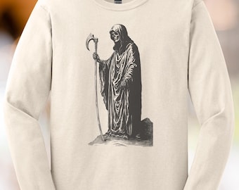 Grim Reaper Graphic Shirt: Gothic Skeleton Scythe, Dark Horror Art