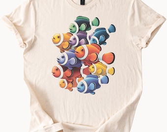 Camiseta con gráfico de pez payaso tropical colorido, camiseta con banco de peces arcoíris, camiseta con gráfico de vida marina, camiseta de playa con gráfico de vida silvestre marina