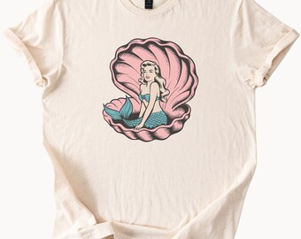 Camiseta retro de sirena con estampado de chica pin-up y concha, regalo para amantes del océano