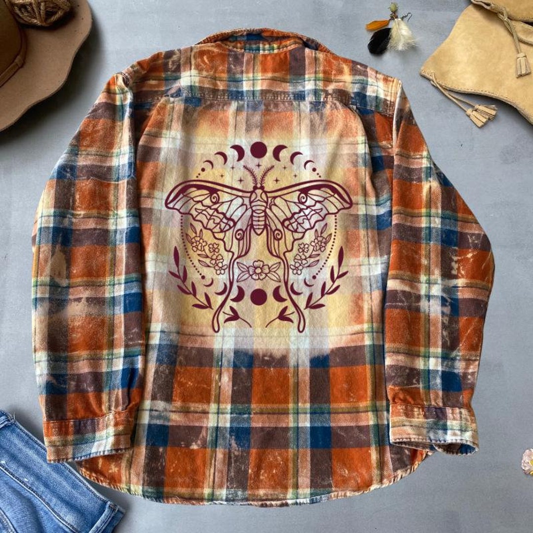 Butterfly Graphic Plaid Shirt, Moon Phase Mystic Shirt