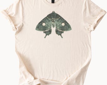 Luna moth celestial graphic shirt earthy green insect t shirt mystical night sky nature design moth constellation tee