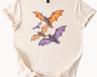 Halloween Flying Bats Graphic Tee Shirt Colorful Orange Purple Brown Bat Illustration Fall Animal Lover Nature Theme Art TShirt