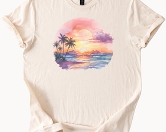 Tropical Sunset Palm Trees Graphic Tee Beach Vacation Shirt
