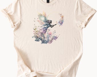 Fairy Watercolor Graphic Shirt Whimsical Floral Butterfly Art Tee Fantasy Nature Aesthetic Pastel Flower Garden Soft Cotton TShirt