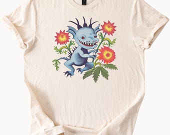 Blue Monster Flowers Graphic Tee Cute Creature TShirt Whimsical Art Top Fantasy Design Clothing Unique Gift