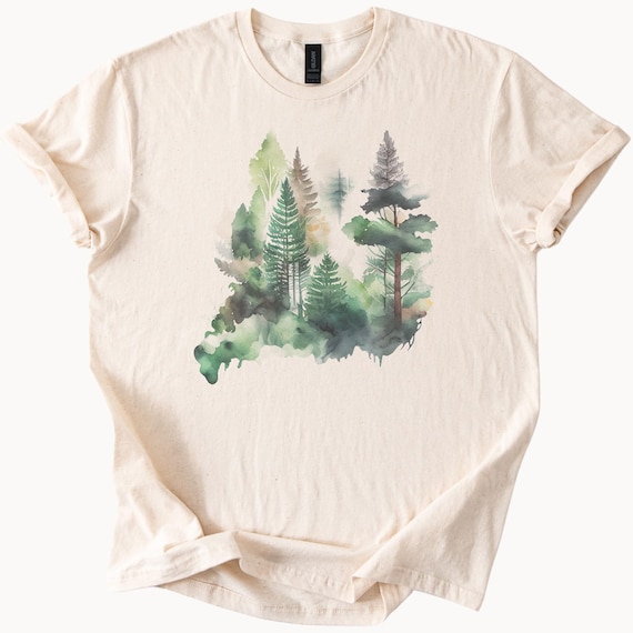 Watercolor Forest T-Shirt Nature Lover Tee Natural Cotton Graphic Top Outdoorsy Shirt Woodland Trees Apparel