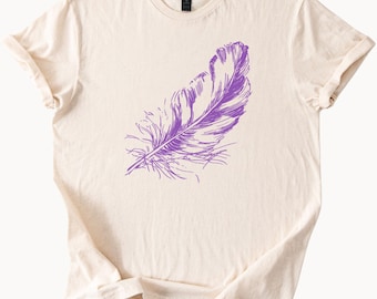 Purple Feather T Shirt Bohemian Graphic Tee Bird Quill Boho Top