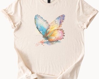 Watercolor Rainbow Butterfly Graphic Tee Pastel Nature Insect Shirt Soft Artistic Summer Boho Garden Style Gift for Her
