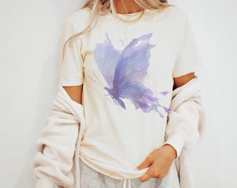 Watercolor Butterfly Graphic Tee Purple Wings Abstract Art Shirt