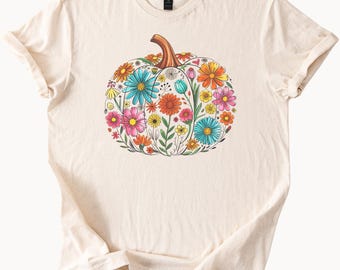 Floral Pumpkin Graphic T Shirt Fall Flower Print Tee Autumn Boho Garden Thanksgiving Shirt Colorful Daisy Sunflower Top