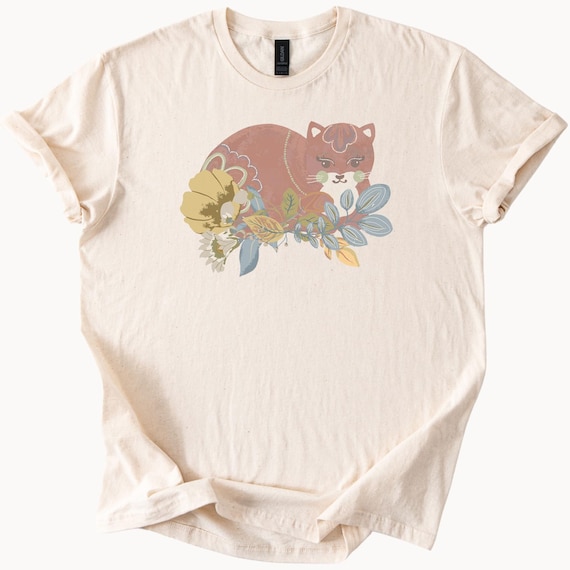 Sleeping Cat Floral Graphic T Shirt Boho Botanical Animal Tee Cute Artistic Cat Shirt Nature Inspired Flower Leaf Design Soft Casual Top