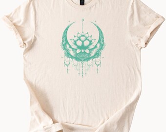 Boho Halbmond Lotus Blume T-Shirt spirituelle Blumen Grafik T-Shirt mit Mandala Design weiche Baumwolle Yoga Stil Shirt für Frauen