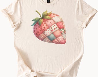 Strawberry Patchwork Quilt Graphic T Shirt Cute Cottagecore Fruit Aesthetic Soft Pastel Strawberry Tee Gift for Her Summer Shirt