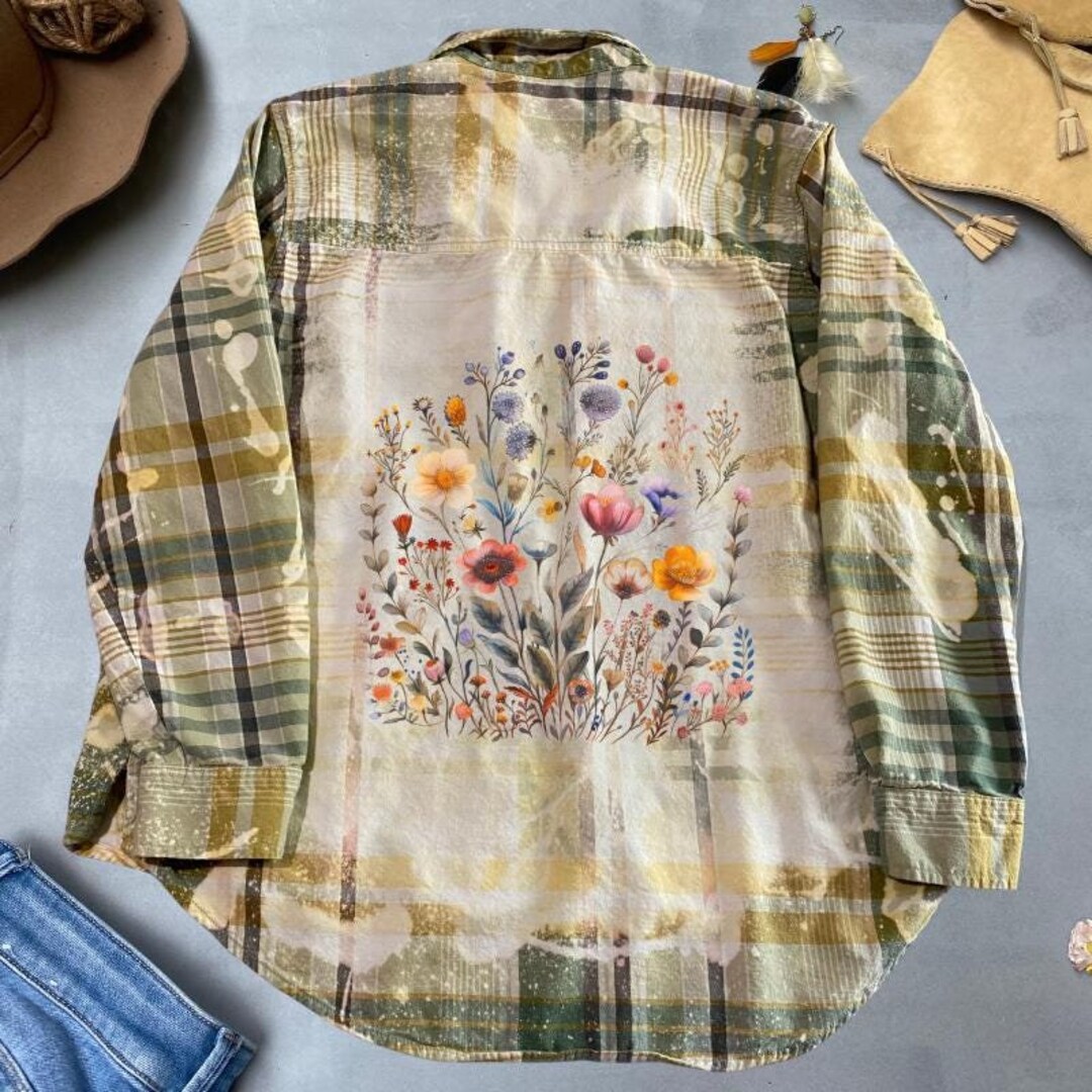 Wildflower Shirt Bleached Flannel Shirt Custom Made to Order, Boho