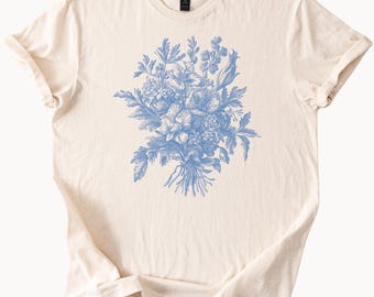 Blue Floral Bouquet T Shirt Botanical Graphic Tee Flower Lover Gift
