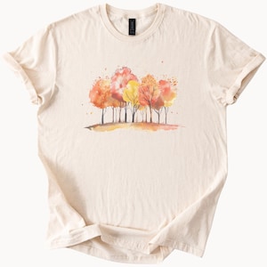 Autumn Watercolor Trees Graphic Shirt Fall Forest Nature Art Tee Hand Painted Style Woodland Leaves Soft Neutral Unisex TShirt Gift