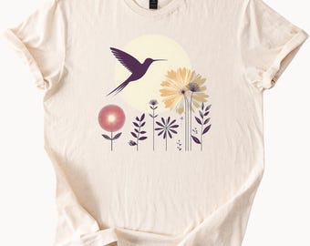 Hummingbird Shirt Floral Graphic Tee Natural Cotton Shirt Nature Lover Gift Bird Flower Top Unique Design