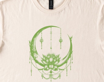 Boho Grün Halbmond und Lotus Blume Grafik Shirt Spirituelles Mandala Design T-Shirt Himmlische Natur inspiriert Unisex Baumwoll-Shirt