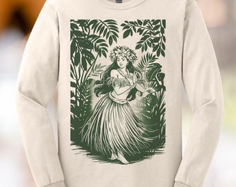 Hula Dancer Long Sleeve Shirt Hawaiian Luau Tropical Island Graphic Jungle Nature Top