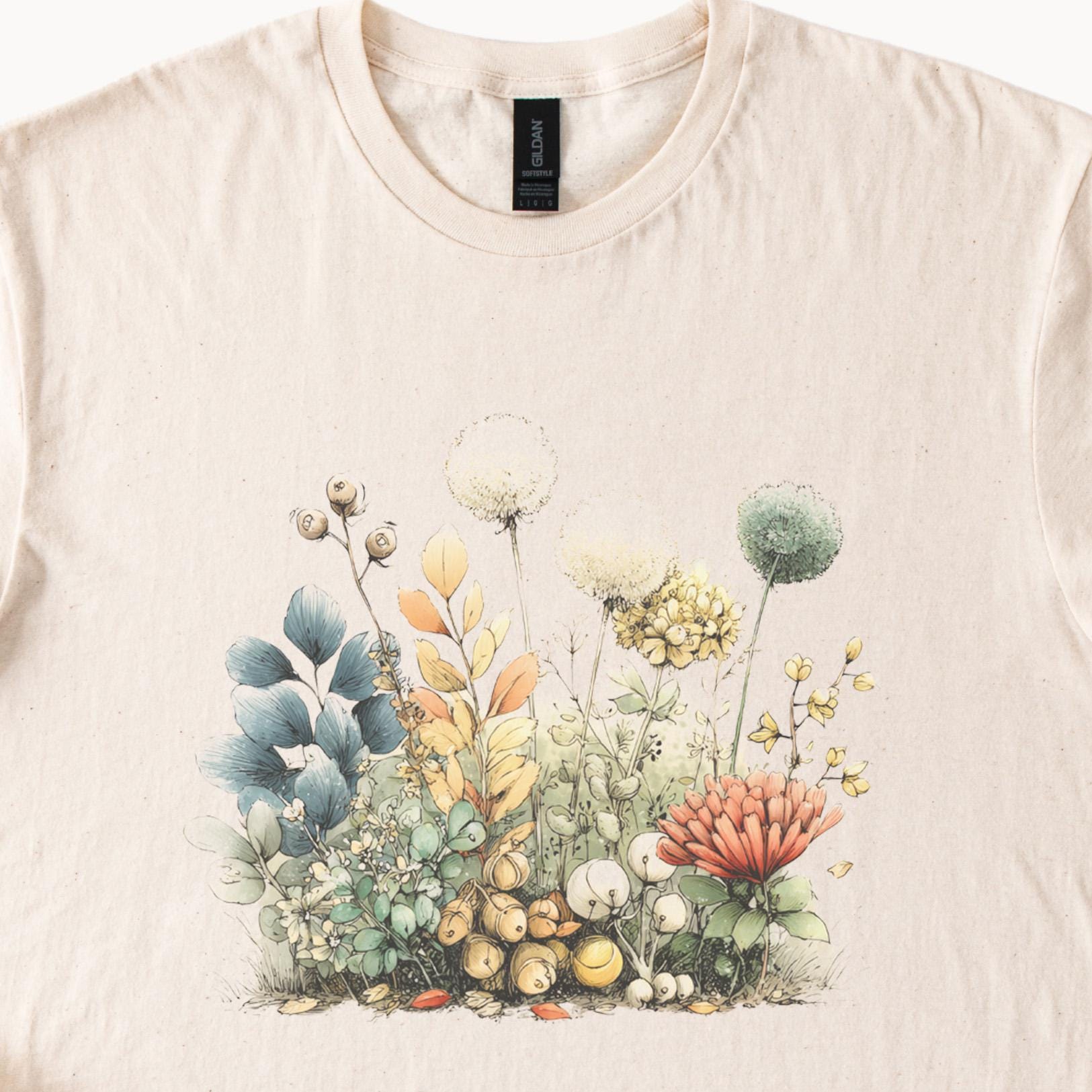 植物園の花のグラフィックTシャツ。水彩画のワイルドフラワーシャツ
