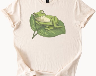 Schlafender Frosch auf Blatt-Grafik-T-Shirt Niedliches entspanntes Frosch-Natur-Liebhaber-Tierkunst-Frosch-Hemd Botanisches Frosch-T-Stück Geschenk für Sie oder Ihn