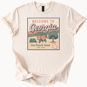 Georgia Peach State Graphic T Shirt Welcome to Georgia Est 1788 Souvenir Peach Tree Farmhouse Illustration State Map Tee Shirt