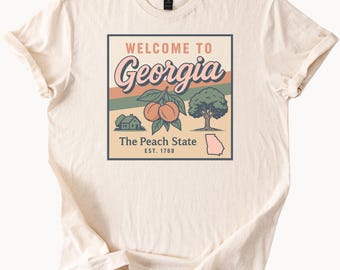 Georgia Pfirsich Zustand Grafik-T-Shirt Willkommen in Georgia Est 1788 Andenken Pfirsichbaum Bauernhaus Illustration Zustandskarte T-Shirt