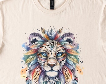 Boho Lion shirt graphic TShirt Natural Cotton Tribal Animal Tee Artistic Unique Design Clothing