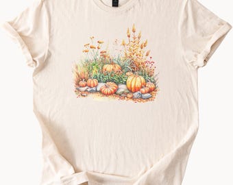 Fall Pumpkins and Wildflowers Graphic Tee Autumn Harvest Shirt Cottagecore Pumpkin Patch Nature T Shirt Thanksgiving Fall Outfit