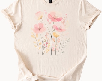 Pastel Wildflower Graphic Tee Soft Pink and Yellow Floral Shirt Cute Garden Flowers Aesthetic Nature Inspired TShirt for Spring