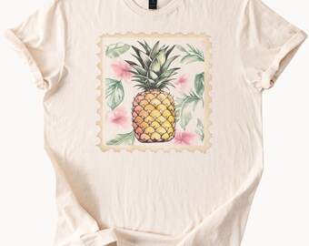 Pineapple Floral Graphic Tee Tropical Fruit Shirt with Hibiscus and Leaves Summer Beach Shirt Natural Soft Cotton T Shirt