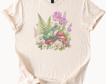 Frog and Wildflowers Graphic T Shirt Botanical Toadstool Mushroom Nature Art Tee Forest Frog Shirt Cottagecore Floral Garden Top