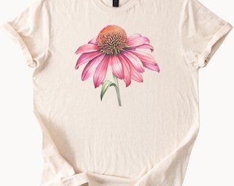 Camiseta con estampado de flor de equinácea rosa, arte botánico, camiseta con flores inspiradas en la naturaleza, regalo para amantes de la jardinería.