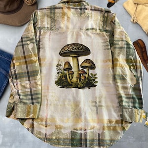 Vintage paddenstoel afbeelding flanel gebleekt shirt hippiestijl originele kleding dichtgeknoopt gezellig cadeau voor dierbaren