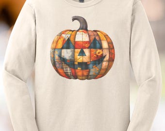Maglietta con grafica di zucca, autunno, Halloween, plaid, Jack O' Lantern, manica lunga, maglietta autunnale accogliente con faccia di zucca, maglietta in stile fattoria