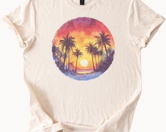 Koszulka z grafiką Palm Tree Sunset Tropical Beach Sunrise Art Summer Vacation Nature Scene Miękka bawełniana koszulka dla mężczyzn i kobiet