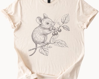 Mouse on Berry Branch Fine Line Art Tee